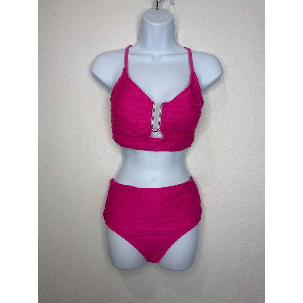 Hot Pink Textured U-Ring High Waisted Bikini Set Size M Neon Pink Swimsuit - Picture 2 of 6
